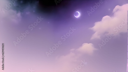 Illustrated design with crescent moon  stars and clouds in the purple sky  moonlight with a dreamy atmosphere. Generative AI