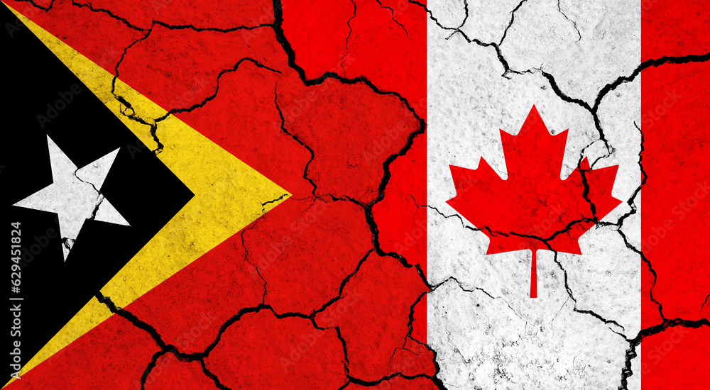 Flags of East Timor and Canada on cracked surface - politics, relationship concept Flags of East Timor and Canada on cracked surface - politics, relationship concept