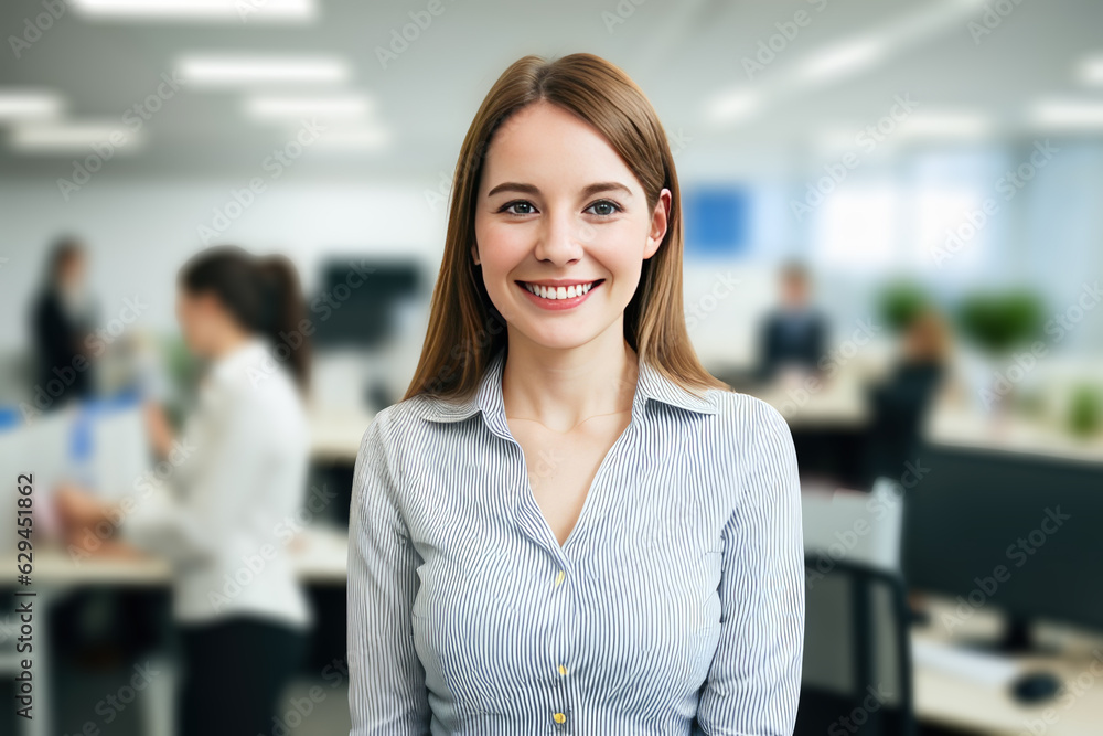 Young smiling businesswoman, standing in blur background of office. generative AI Young smiling businesswoman, standing in blur background of office. generative AI