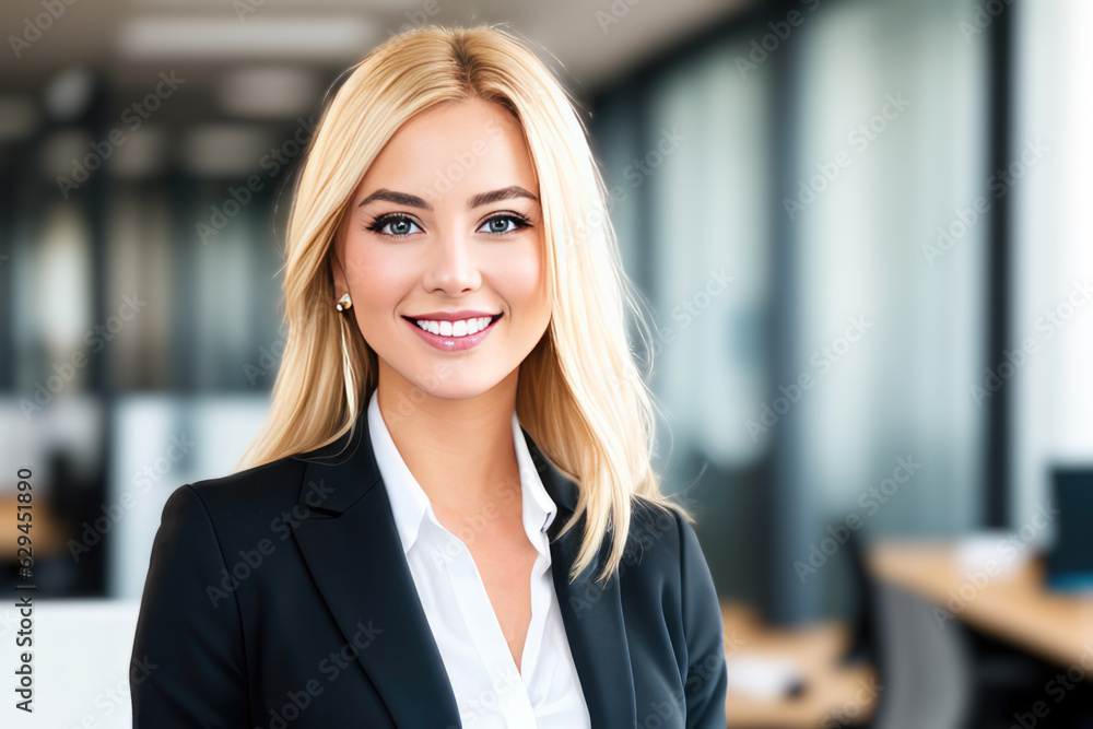 Young smiling businesswoman, standing in blur background of office. generative AI Young smiling businesswoman, standing in blur background of office. generative AI
