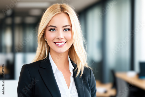Young smiling businesswoman, standing in blur background of office. generative AI
