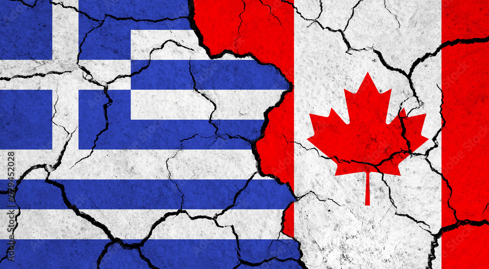Flags of Greece and Canada on cracked surface - politics, relationship concept Flags of Greece and Canada on cracked surface - politics, relationship concept
