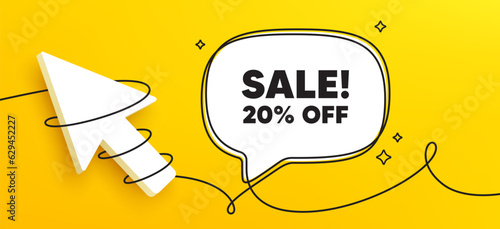 Sale 20 percent off discount. Continuous line chat banner. Promotion price offer sign. Retail badge symbol. Sale speech bubble message. Wrapped 3d cursor icon. Vector
