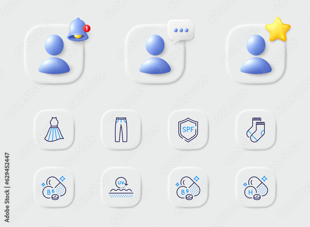 Vitamin b6, Folate vitamin and Dress line icons. Placeholder with 3d star, reminder bell, chat. Pack of Uv protection, Spf protection, Pants icon. Socks pictogram. For web app, printing. Vector Vitamin b6, Folate vitamin and Dress line icons. Placeholder with 3d star, reminder bell, chat. Pack of Uv protection, Spf protection, Pants icon. Socks pictogram. For web app, printing. Vector