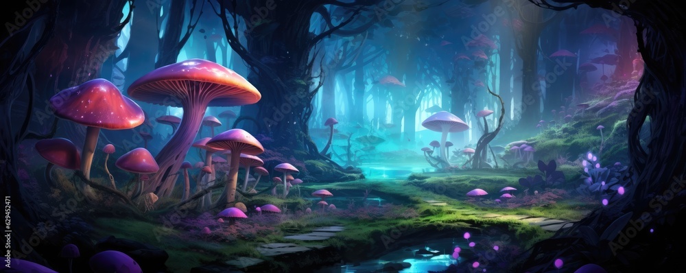 Fototapeta premium Magic mushroom pattern in fairy tale woods, nature wallpaper, panorama. Generative Ai.