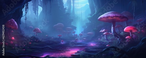 Magic mushroom pattern in fairy tale woods, nature wallpaper, panorama. Generative Ai. photo