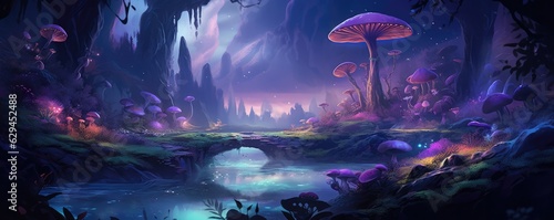 Magic mushroom pattern in fairy tale woods, nature wallpaper, panorama. Generative Ai. photo