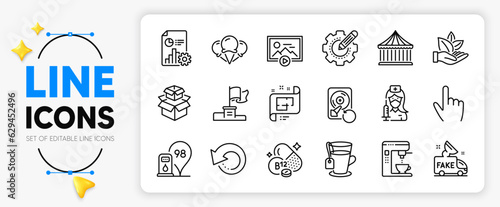 Recovery hdd, Ice creams and Coffee maker line icons set for app include Settings gear, Packing boxes, Tea outline thin icon. Petrol station, Winner flag, Architectural plan pictogram icon. Vector