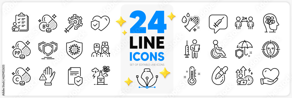 Icons set of Umbrella, Volunteer and Shields line icons pack for app with Checklist, Thermometer, Life insurance thin outline icon. Doctor, Cobalamin vitamin, Insurance policy pictogram. Vector