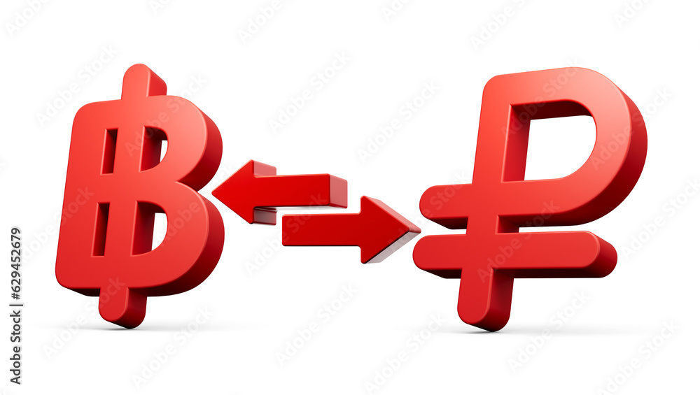 3d Red Baht And Ruble Symbol Icons With Money Exchange Arrows On White Background 3d illustration 3d Red Baht And Ruble Symbol Icons With Money Exchange Arrows On White Background 3d illustration
