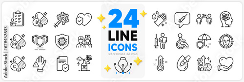 Icons set of Umbrella, Volunteer and Shields line icons pack for app with Checklist, Thermometer, Life insurance thin outline icon. Doctor, Cobalamin vitamin, Insurance policy pictogram. Vector