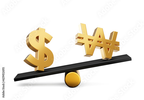 3d Golden Dollar And Won Symbol Icons With 3d Black Balance Weight Seesaw, 3d illustration photo