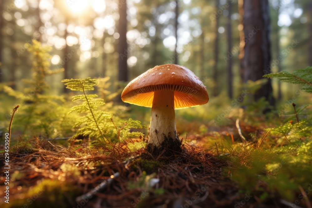Fototapeta premium Fresh healthy mushroom in green sunny coniferous forest. Generative Ai.