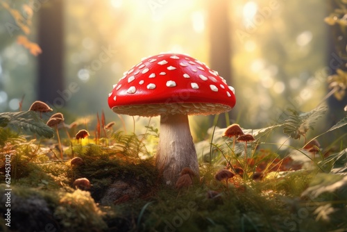 Fresh healthy mushroom in green sunny coniferous forest. Generative Ai. © annamaria