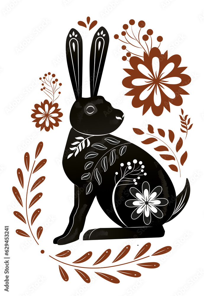 Naklejka premium Digital png illustration of rabbit with floral patterns on transparent background