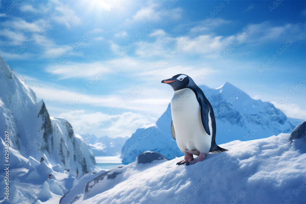 penguin in the snow with mountains in the background ai generative