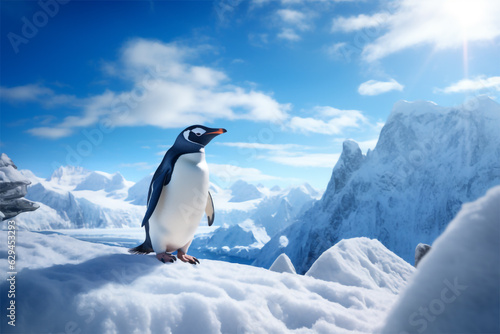 penguin in the snow with mountains in the background ai generative