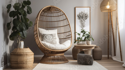 Big basket armchair inside a modern livingroom. Generative AI.