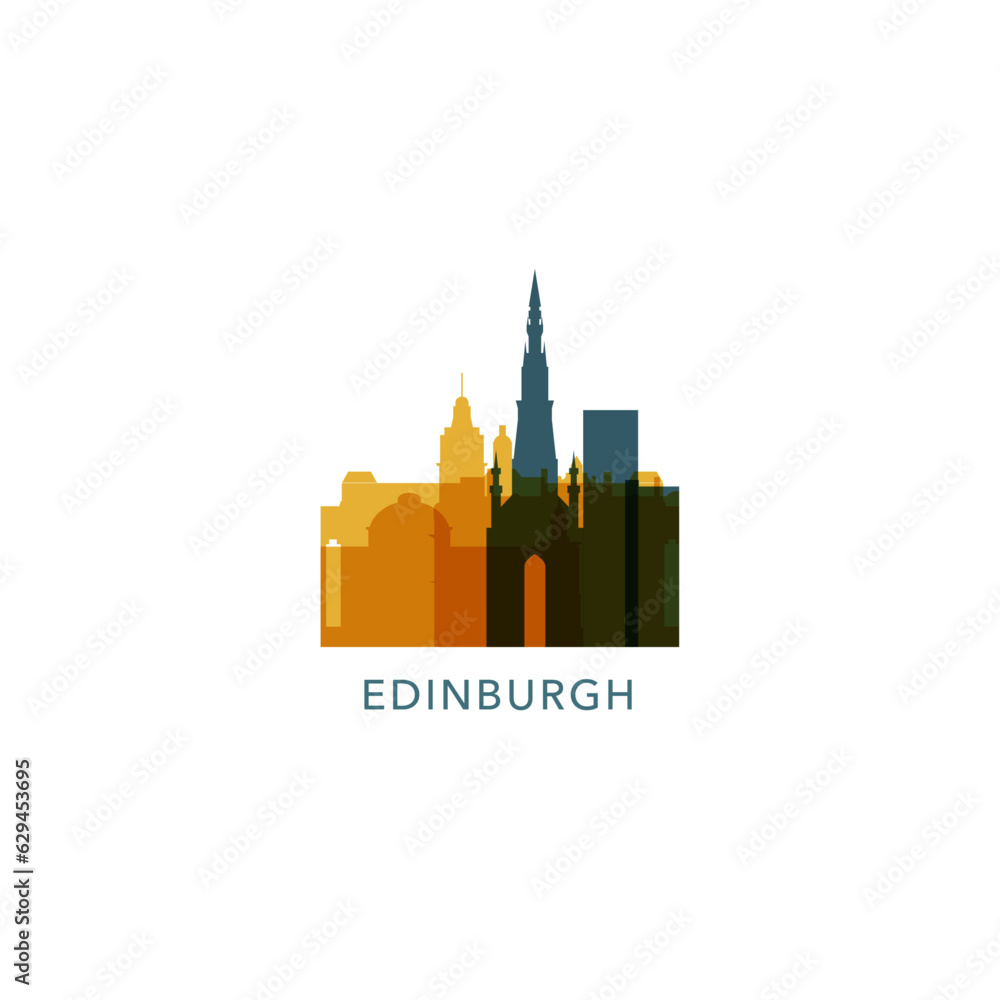  UK Scotland Edinburgh cityscape skyline capital city panorama vector flat modern logo icon. United Kingdom West Central emblem idea with landmarks and building silhouettes