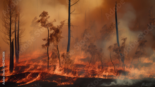 Big forest fire between the tall trees with a lot of orange flames. Generative AI.