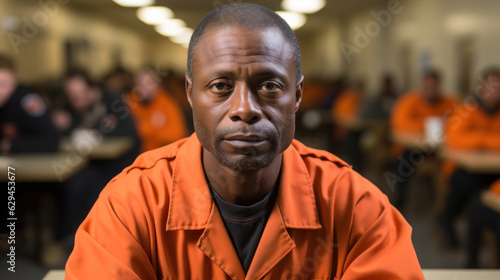 Portrait of a black man prisoner in an orange uniform in a prison.