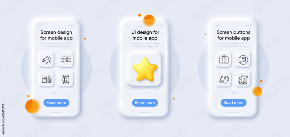Dog leash, Rule and Instruction info line icons pack. 3d phone mockups with star. Glass smartphone screen. Hearing, No music, Painter web icon. Phone payment, Musical note pictogram. Vector Dog leash, Rule and Instruction info line icons pack. 3d phone mockups with star. Glass smartphone screen. Hearing, No music, Painter web icon. Phone payment, Musical note pictogram. Vector