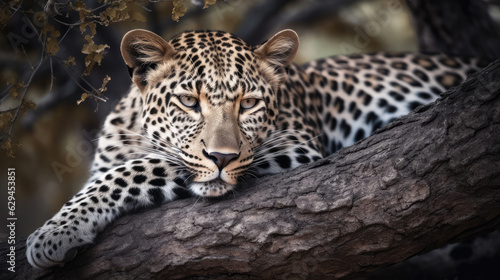 Portrait of a beautiful leopard cat lying on a wooden branch. Generative AI.