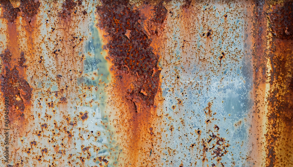 Rusty metal wall, old sheet of iron covered with rust with multi-colored paint