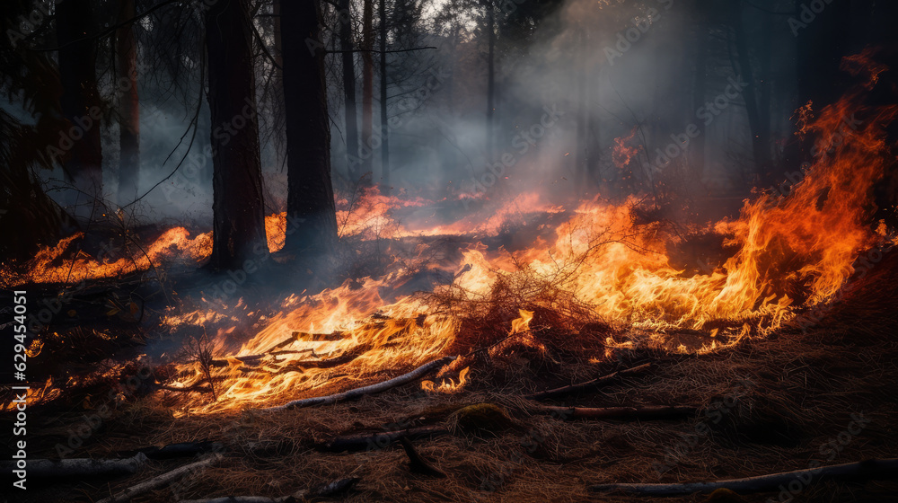 Big forest fire with a lots of orange flames on the ground. Generative AI. Big forest fire with a lots of orange flames on the ground. Generative AI.