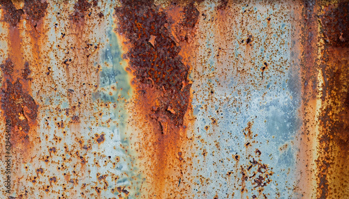 Rusty metal wall, old sheet of iron covered with rust with multi-colored paint