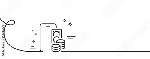 Phone pay line icon. Continuous one line with curl. Smartphone app sign. Cellphone mobile device symbol. Phone pay single outline ribbon. Loop curve pattern. Vector