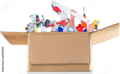 Digital png photo of caucasian men holding tools out of box on waist on transparent background