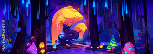 Fantasy forest with magic tree and mushroom cartoon vector game background. Alien garden with psychedelic neon flower and plant element. Fluorescent wonderland with mystical river adventure design