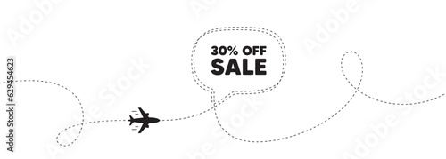 Sale 30 percent off discount. Plane travel path line banner. Promotion price offer sign. Retail badge symbol. Sale speech bubble message. Plane location route. Dashed line. Vector