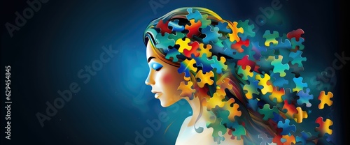 Woman with a puzzle brain. Concept for thinking  neurodiversity  disability  world brain day  mental health and brain neurological health  autism spectrum disorder  created with generative ai