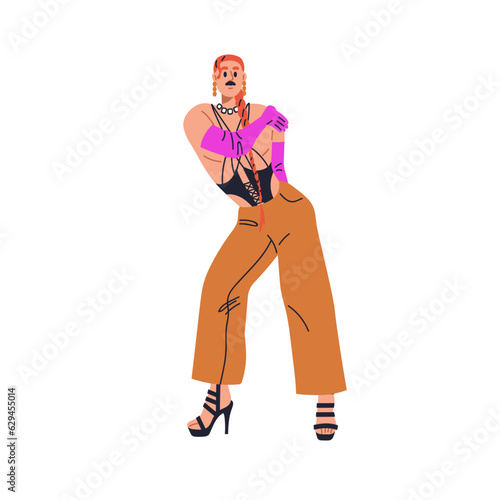 Fashion man dancer in sexy pose. Modern performer dancing in vogue style. Funky sassy character in contemporary performance, show. Flat graphic vector illustration isolated on white background