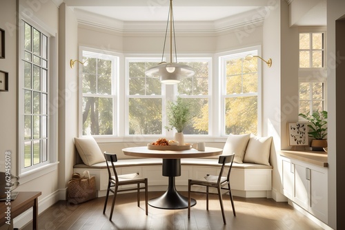 A cozy and inviting breakfast nook with a round table and comfortable seating  perfect for morning coffee. Generative AI