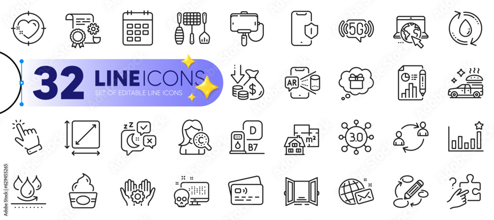 Outline set of Waterproof, Web3 and Diesel station line icons for web with Cursor, User communication, Grill tools thin icon. Heart target, Card, Search puzzle pictogram icon. Gift dream. Vector