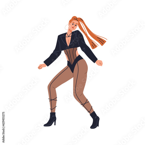 Sexy woman dancer in dancing pose. Modern fashion girl beauty in movement in vogue style. Erotic contemporary performer moving to disco music. Flat vector illustration isolated on white background