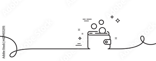 Wallet money line icon. Continuous one line with curl. Cash coins sign. Business income symbol. Wallet money single outline ribbon. Loop curve pattern. Vector