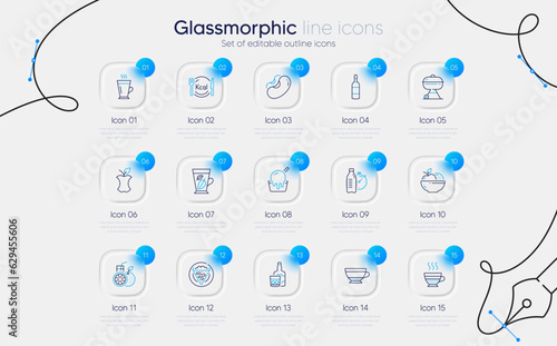 Set of Calories, Dry cappuccino and Fruits line icons for web app. Ice cream, Orange juice, Brandy bottle icons. Grill, Mint leaves, Cafe creme signs. Beans, Whiskey glass, Crepe. Vector