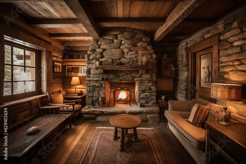 A cozy cabin-style Living Room with a wooden beam ceiling, a stone fireplace, and rustic furniture. generative ai