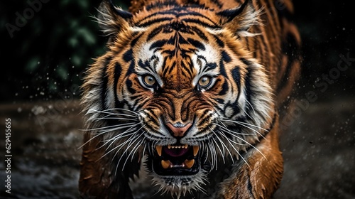 Furious tiger growling and sprinting aggressively, wildlife, action shot, with generative AI. photo