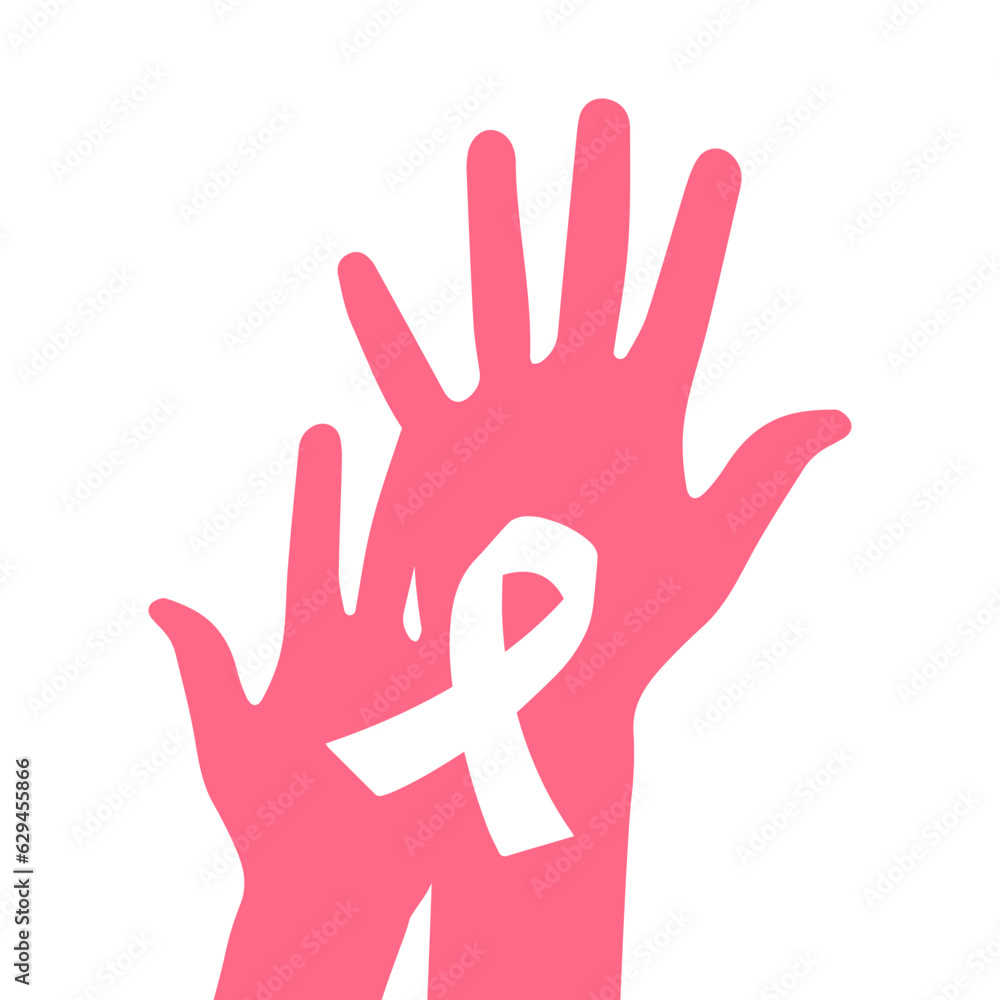A caring pink silhouette of hands and a pink ribbon icon, a symbol of support, awareness of breast cancer. Vector illustration A caring pink silhouette of hands and a pink ribbon icon, a symbol of support, awareness of breast cancer. Vector illustration