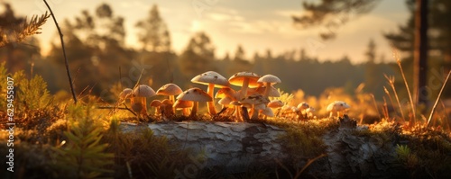 Fresh healthy mushroom in green sunny coniferous forest, panorama. Generative Ai.