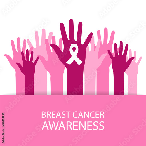 The background of breast cancer awareness with a silhouette of human hands and a pink ribbon. The concept of prevention and awareness of breast cancer. Vector illustration