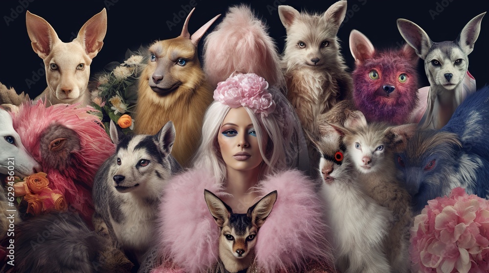 Fashion portrait with animals. Poster for fashion advertising. Before ...
