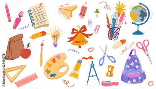 School supplies set. Vector flat illustration in hand drawn style. Back to school