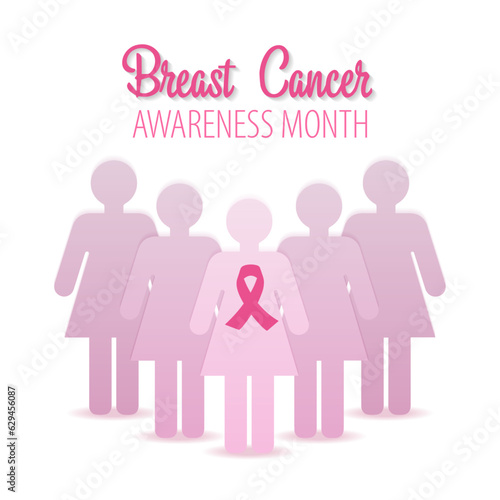 October breast Cancer awareness campaign. Silhouettes of paper girls with a pink ribbon symbol. Vector illustration