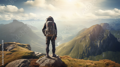 Hiker with backpack standing on top of mountain and looking at valley with morning sunlight. Generative AI